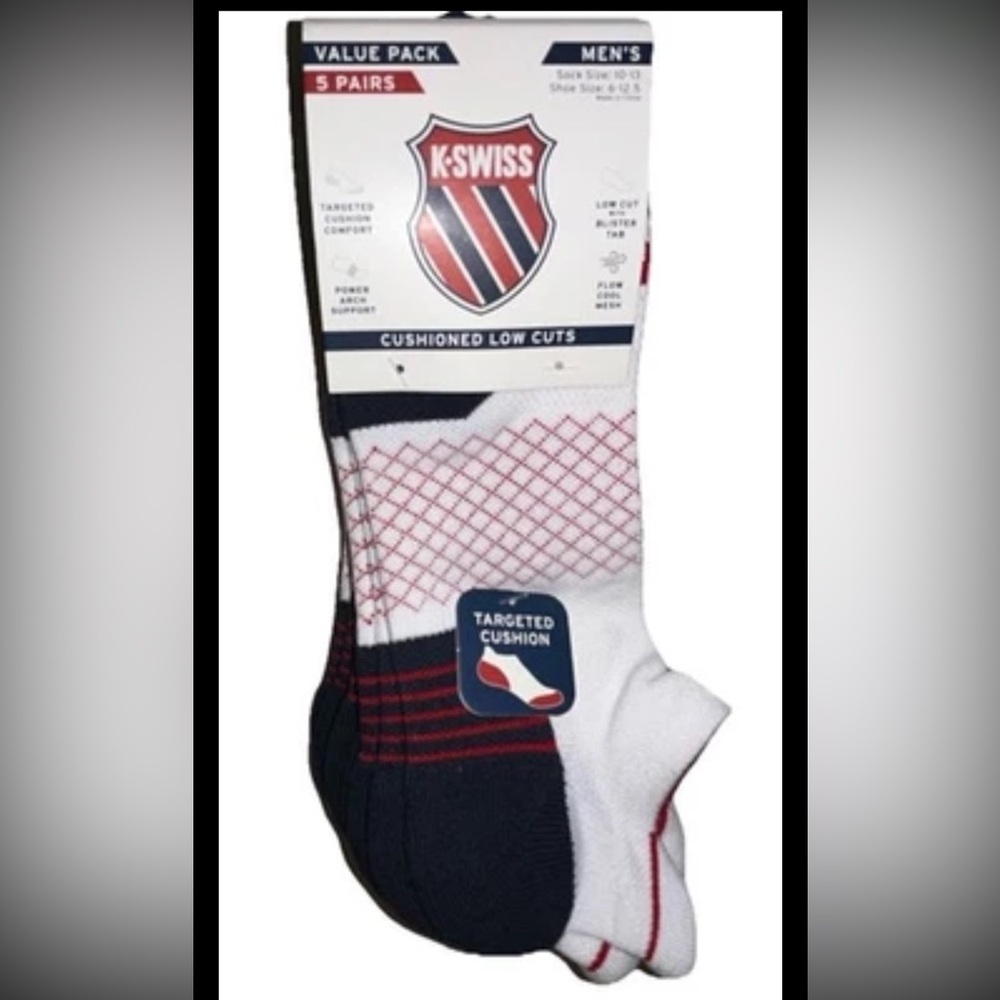 K-Swiss Low Cut Socks 5 Pair Men 6-12.5 White w Red & Toe Logo Cushion NEW! $32